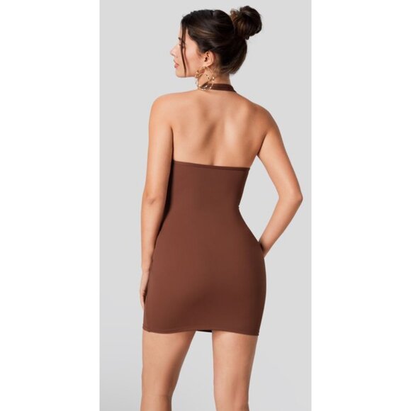 Halara Deep V Neck Halter Backless Ruched Bodycon Mini Casual Dress Sz Large Bro - Picture 2 of 14